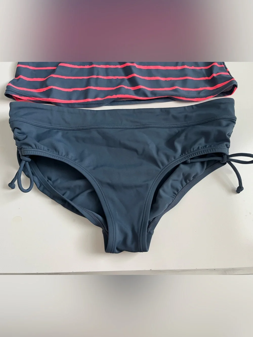 Nike Women’s Navy and Pink Striped Tankini Swim Set